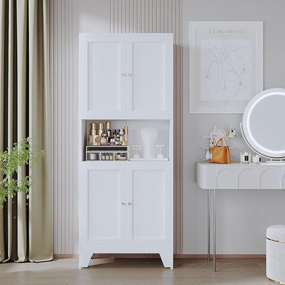 69" Tall Metal Kitchen Pantry Storage Cabinet with Microwave Stand | White | Modern Freestanding Food Buffet Cabinet | Kitchen Hutch | Coffee Bar Hutch for Dining & Living Room