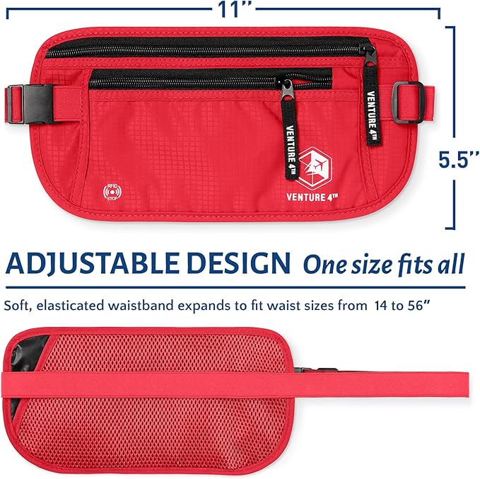 VENTURE 4TH Money Belt for Travel – Hidden Under-Clothes RFID Blocking Passport Holder & Slim Travel Wallet Pouch for Men & Women to Protect Cash, Cards & Documents (Red)