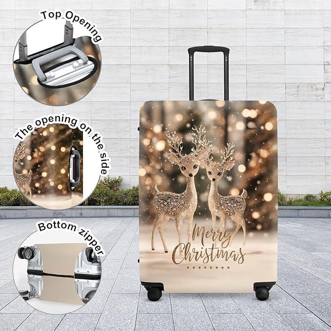 Deer Christmas Luggage Cover - Two Reindeer in Snow with Glowing Tree, Warm Winter Scene Suitcase Protector for 28 30 Inch Bag