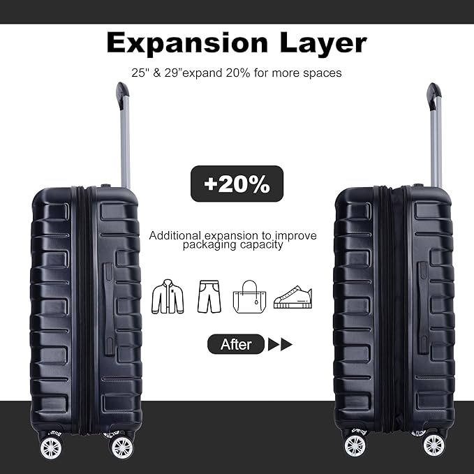 Luggage sets 5 Piece Expandable Hardside Suitcase Set with Spinner Wheels, Lightweight PC Travel Luggage set with TSA Lock（21/25/29, Black