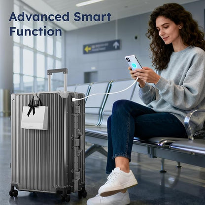 ALPHA CAMP Checked 28 Inch Luggage, Thickened Aluminum Frame Luggage with TSA Spinner Wheels, 3-Layer PC Hard Shell Zipperless Lightweight Travel Suitcase, TypeC USB Charging Port, Cup Holder Grey