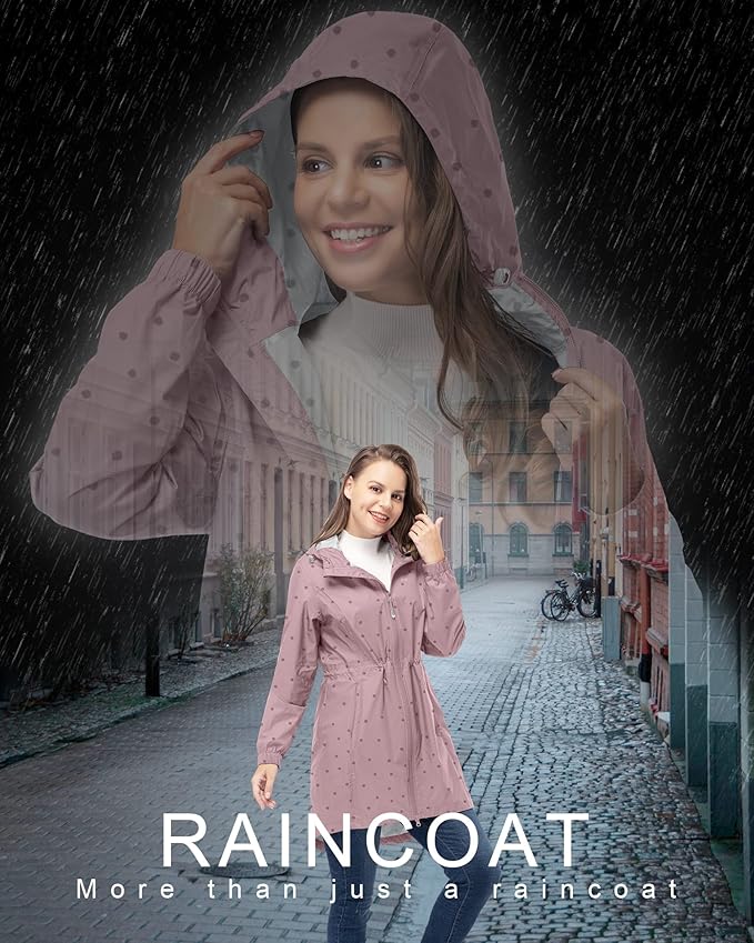 33,000ft Women's Waterproof Long Rain Coats Packable Rain Jacket with Hood Trench Coats Windbreaker