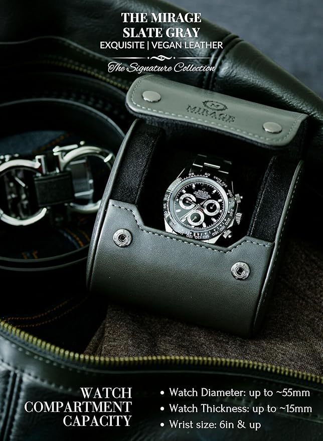 Single Watch Roll Case Watch Travel Case Box 1 Watch Display Case Slate Gray Swiss Motif Design Vegan Leather