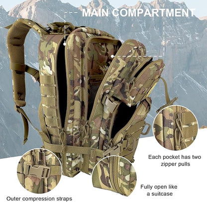 MOLLE Assault Backpack, Tactical Backpack Military Army Camping Rucksack, 3-Day Pack Trip w/USA Flag Patch, D-Rings, Cp