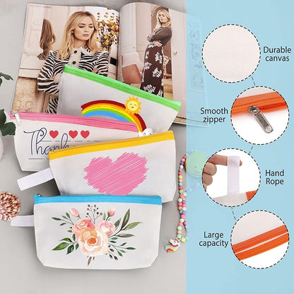 10 Pieces Cotton Canvas Makeup Bag with Bottom and Strap, Multi-Purpose Cosmetic Bag with Zipper Travel Toiletry Pouch, Blank DIY Craft Bag (Multicolor 01, S)