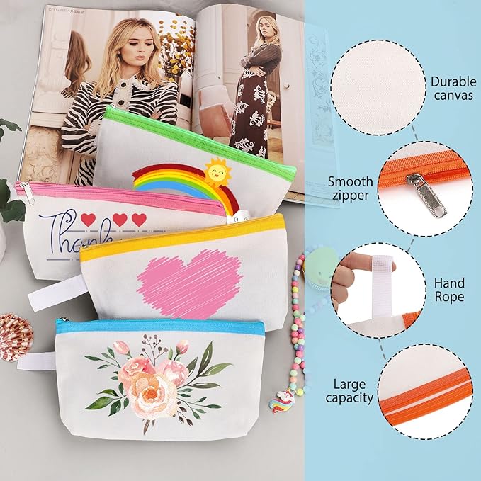 10 Pieces Cotton Canvas Makeup Bag with Bottom and Strap, Multi-Purpose Cosmetic Bag with Zipper Travel Toiletry Pouch, Blank DIY Craft Bag Pencil Bag (Multicolor 01, M) (MN-WB07)