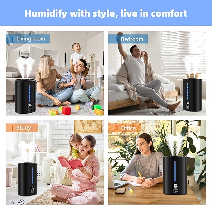 6L Humidifiers for Bedroom Large Room Home, Cool and Warm Humidifier for Plants Mist Top Fill Desk Humidifiers Essential Oil Diffuser, Quiet Humidifier with Adjustable Mist,360°Nozzle-Midnight Black