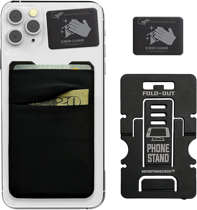 Phone Wallet Double Pocket Gecko - Adhesive Card Holder - Cell Phone Pouch - Stick on Spandex Pocket by Gecko - Carry Credit Cards and Cash (BLACK-BLANK-)