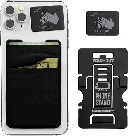 Phone Wallet Double Pocket Gecko - Adhesive Card Holder - Cell Phone Pouch - Stick on Spandex Pocket by Gecko - Carry Credit Cards and Cash (BLACK-BLANK-)