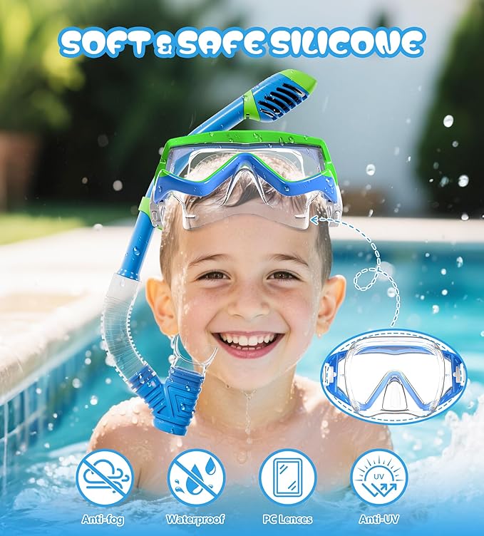 Aegend Snorkeling Gear for Adults Youth Kids, Dry Snorkel Set Panoramic View Enhanced Anti-Leak and Anti-Fog Technology, Adjustable Strap for Snorkeling Scuba Diving Swimming with Mesh Bag