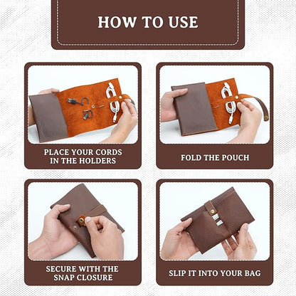 ROGUE WALLET Handcrafted Genuine Leather Tech Organizer - Spacious Phone Cord Organizer, Wide Storage Pockets - Durable & Easy to Maintain Cable Storage Bag for Everyday Use (Brown)