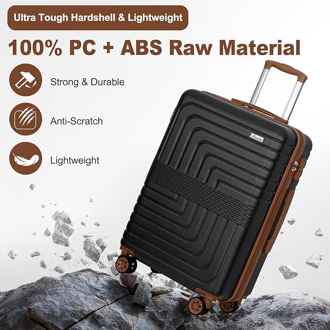 Romswi 3 Piece Luggage Sets, Expandable PC+ABS Hardshell Suitcase Set with TSA Lock YKK Zipper and Dual Spinner Wheels, Large Checked Travel Suitcases, 22/26/30 Inch, Black