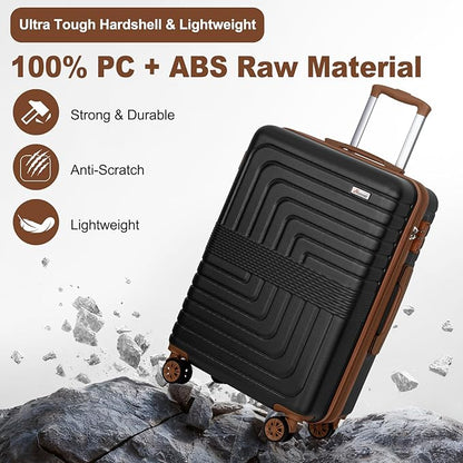 Romswi 3 Piece Luggage Sets, Expandable PC+ABS Hardshell Suitcase Set with TSA Lock YKK Zipper and Dual Spinner Wheels, Large Checked Travel Suitcases, 22/26/30 Inch, Black