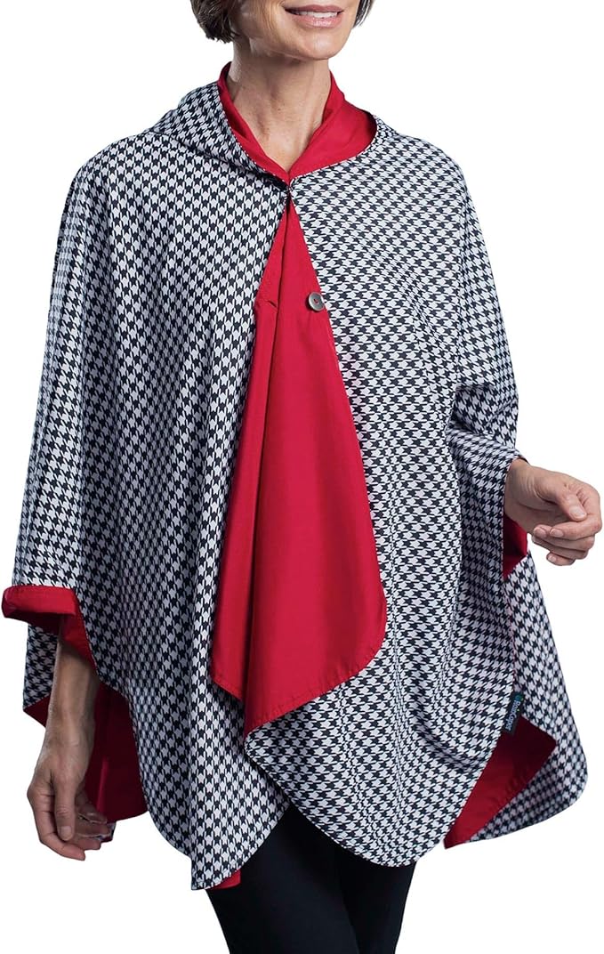 RainCaper Rain Poncho for Women - Reversible Rainproof Hooded Cape in Gorgeous Ultrasoft Colors (Crimson and B&W Houndstooth)