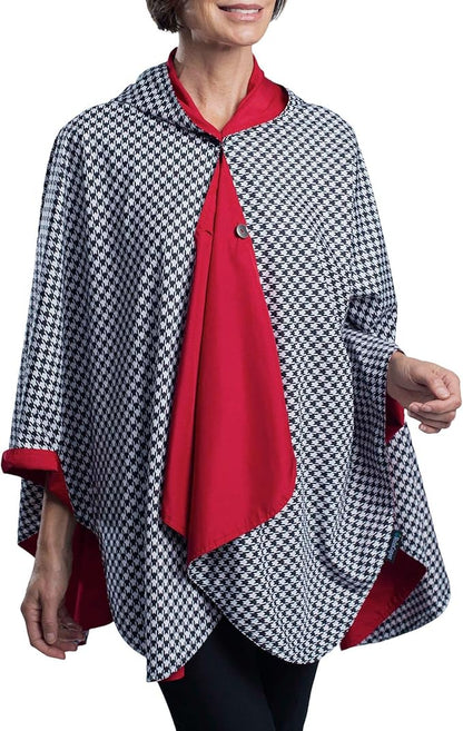RainCaper Rain Poncho for Women - Reversible Rainproof Hooded Cape in Gorgeous Ultrasoft Colors (Crimson and B&W Houndstooth)