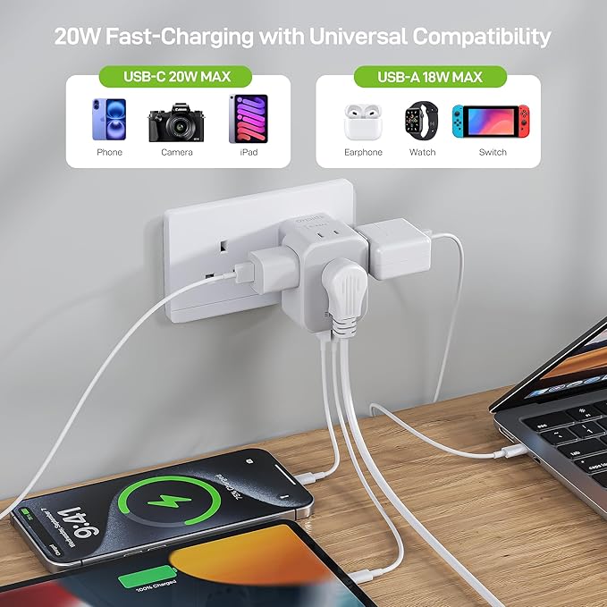 EPICKA Hybrid Travel Plug Adapter, 2 Packs Foldable & Detachable Type G (UK) VisaPlug, 8-in-1 International Power Adapter with 4 USB Ports (2 USB-C PD 20W), Travel Essentials for US to England