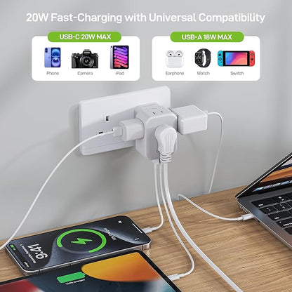 EPICKA Hybrid International Power Adapter for US to England, Foldable & Detachable Type G (UK) VisaPlug, 8-in-1 Travel Plug Adapter with 4 USB Ports (2 USB-C PD 20W), Travel Dormestic Essentials