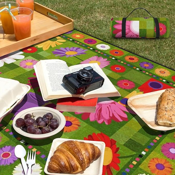 Extra Large Picnic Outdoor Blanket 80''x80'' Green Flower Waterproof and Sandproof Picnic Mat for Beach Foldable Camping Accessories for Grass Lawn Park