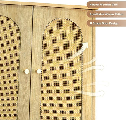 Rattan Toilet Storage Cabinet, Over the Rack Wood Cabinet with Metal Stand, Bathroom Organizer with Adjustable Shelf, Tall Freestanding Washer Shelf, Small Cupboard, Space Saver, Natural style