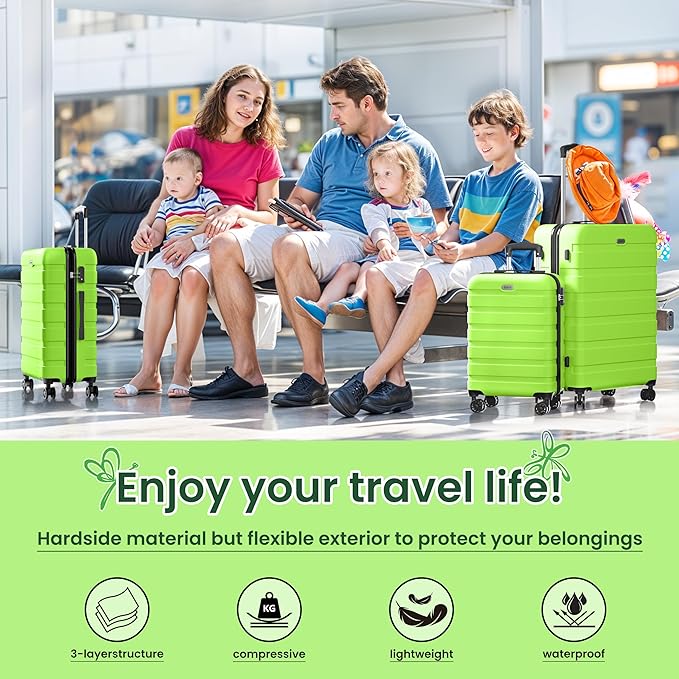 AnyZip Luggage Sets 10 Piece Hardshell Suitcase Set PC ABS Lightweight Travel Suitcases with 4 Double Spinner Wheels TSA Lock 20 24 28 Inch with 7 Storage Bags Apple Green