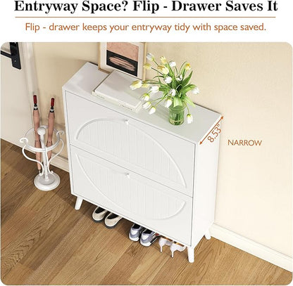 Slim Shoe Cabinet with 2 Flip Drawer,Modern White Shoe Organizer with Adjustable Shelves, Stylish Narrow Shoe Cabinet Storage for Entryway Hallway Bedroom Living Room