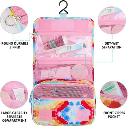 Kids Hanging Toiletry Bag for Girls, Travel Toiletry Bag for Little Young Girls Cosmetic Makeup Waterproof Wash Bag Toddler Traveling Toiletries, Tie Dye Pink