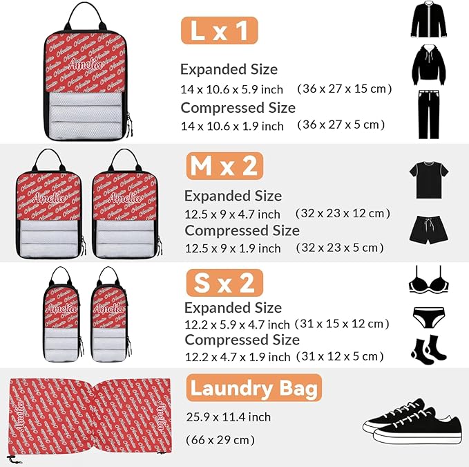 Custom 6 Set Compression Packing Cubes with Name Personalized Compressible Expandable Packing Organizers Luggage Carry On Suitcase Bags Travel Accessories Gifts, Deep Red