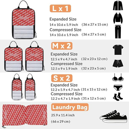 Custom 6 Set Compression Packing Cubes with Name Personalized Compressible Expandable Packing Organizers Luggage Carry On Suitcase Bags Travel Accessories Gifts, Deep Red