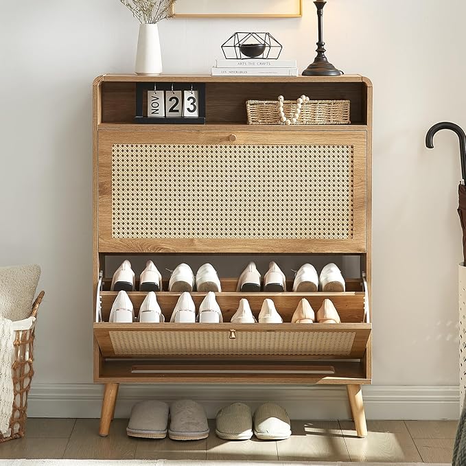 Rattan Shoe Cabinet with 2 Flip Drawers, 32 Pairs Narrow Shoe Storage Cabinet for Entryway Freestanding Hidden Shoe Rack, Modern Slim Wood Shoe Organizer for Hallway, Natural