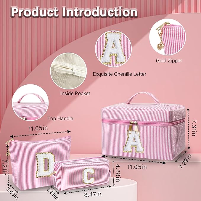 Personalized Monogram Makeup Bag, 3PCS Custom Monogrammed Toiletry Cosmetic Bag for 6-18 Teen Girls Women,Birthday Graduation Gifts Initial Pouch Makeup Bags for Women Girls, Make Up Bag (C, Pink)
