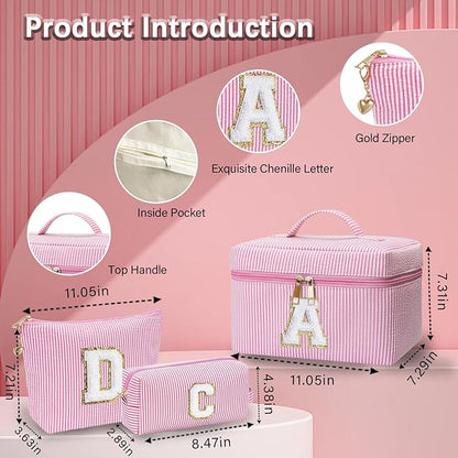 Personalized Monogram Makeup Bag, 3PCS Custom Monogrammed Toiletry Cosmetic Bag for 6-18 Teen Girls Women,Birthday Graduation Gifts Initial Pouch Makeup Bags for Women Girls, Make Up Bag (I, Pink)