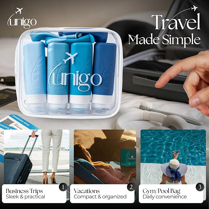 unigo Travel Bottles For Toiletries, 3.oz TSA Approved Containers, Travel Size Toiletries, Shampoo and Conditioner Bottles, Leak Proof and Refillable Bottles, BPA Free, Extra Bottle Covers (Blue)