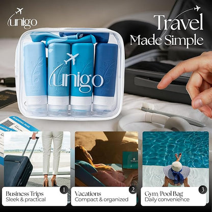 unigo Travel Bottles For Toiletries, 3.oz TSA Approved Containers, Travel Size Toiletries, Shampoo and Conditioner Bottles, Leak Proof and Refillable Bottles, BPA Free, Extra Bottle Covers (Blue)