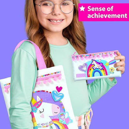 KRAFUN Decorate-a-Bag Craft Kit for Kids 5+ Years, Unicorn & Fairy Theme with Stickers & Gems, 3 DIY Customizable Bags, Step-by-Step Instructions, Creative Activity Set Girls & Boys, Educational Toy