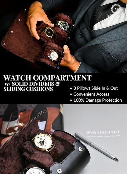Watch Roll Case Organizer - Watch Travel Case for Men and Women - 3 Watch Carrying Case and Display - Jade Black with Mahogany Brown Interior Vegan Leather