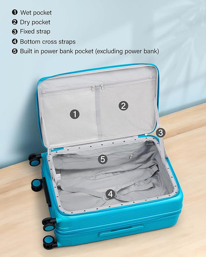Hanke Expandable 28 Inch Luggage with Spinner Wheels Top Opening Travel Luggage Hard Shell Rolling Suitcases Large Lightweight Checked Luggage with Cup Holder(Caribbean Blue)