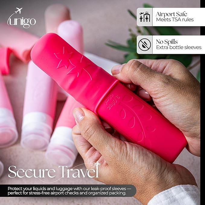 unigo Travel Bottles For Toiletries, 5-pack 3.oz TSA Aprroved Travel Size Bottles, Containers For Toiletries, BPA Free, Leak Prrof, Refillable Containers Bottles (Pink)