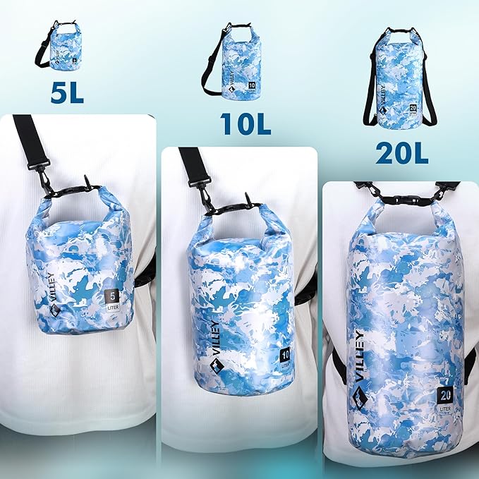 VILLEY Dry Bag Waterproof 20L Roll Top Sack Keeps Gear Dry Lightweight Sack for Kayaking Boating Camping Swimming and Beach Adventures Blue Camo