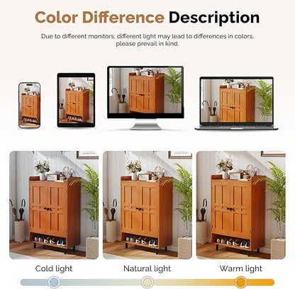 Entrance Shoe Cabinet with Doors,6-Tier Farmhouse Shoe Storage Organizer with Adjustable Shelves Holds 18-27 Pairs and Metal Legs, Entry Organizer Entryway, Living Room (Walnut)