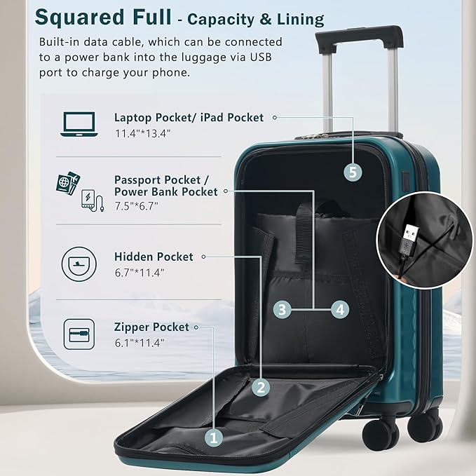Merax Luggage Sets 2 Piece Front Opening, Hardside Lightweight Carry on Suitcase with USB Port,Durable Expandable Luggage with Bags Spinner Wheels and TSA Lock,Dark Green