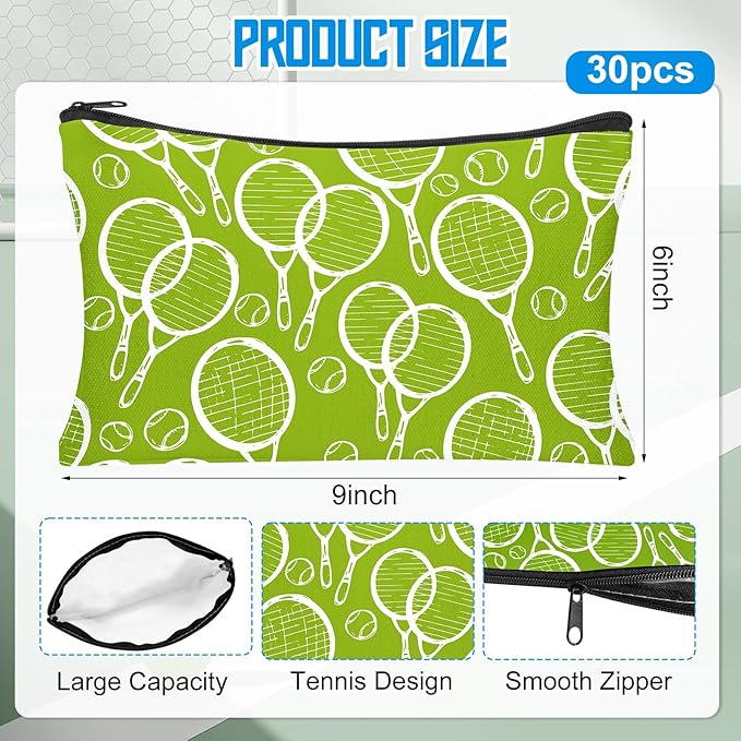 30Pcs Tennis Makeup Bag Tennis Gifts for Women Canvas Cosmetic Bags with Zipper Inspirational Travel Toiletry Pouch Tennis Accessories for Sports Lover Players Coach Christmas Team Gift