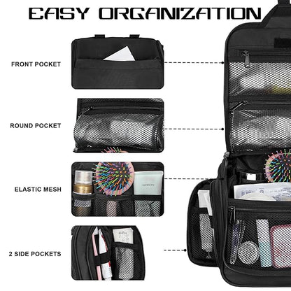Goloni Hanging Toiletry Bag with Hook, Large Makeup Bag Travel Organizer, Water-Resistant Hanging Cosmetic Bag with 10 Compartments for Women & Men,Black