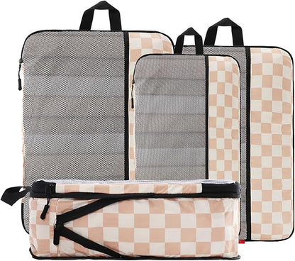 U+U 4 Set Compression Packing Cubes - Ultralight Travel Organizers, Space-Saving Suitcase Organizer, Expandable Packing Cubes for Travel, Business Trip and Family Vacation (Khaki Checkered)
