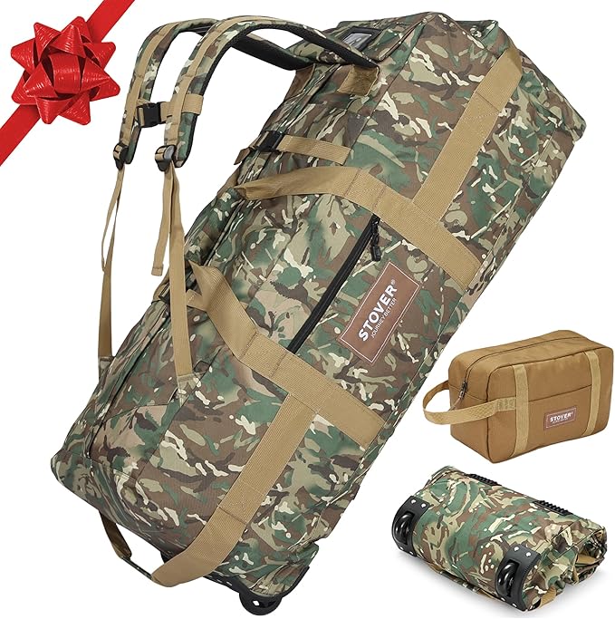 STOVER 100L Rolling Duffel Bag with Wheels, X-Large Durable Travel Duffle + Toiletry Bag, Heavy Duty, Packable with Shoulder Straps- Use as Luggage or Backpack (Camouflage)