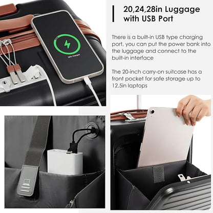 Merax 4-Piece Luggage Sets with USB Charging Ports 20/28Inch Checked Suitcase with TSA Lock Travel Duffel Bag Wet-Dry Toiletry Bag, black and brown