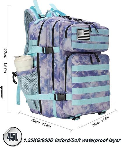 45L Tactical Assault Backpack 3 day assault pack with Molle Waterproof backpack Rucksack for Tactical Backpacks (Blue Tie-Dye)