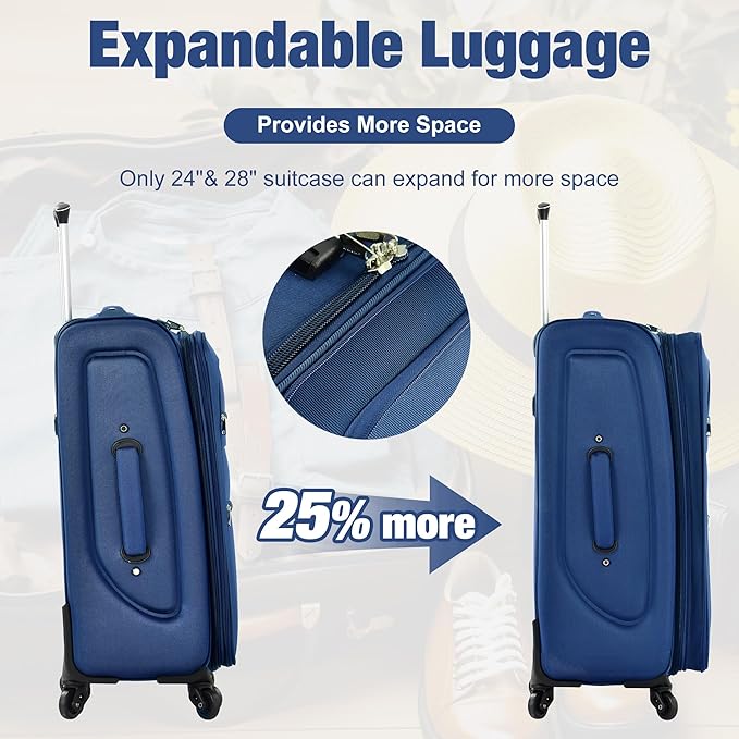 Merax Softside Luggage Set 3 Piece Suitcase with Duffel Bag Spinner Wheels Lightweight Expandable Travel Luggage 22" 26" 30",Navy Blue