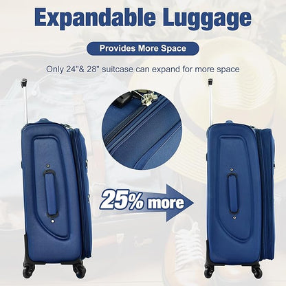 Merax Softside Luggage Set 3 Piece Suitcase with Duffel Bag Spinner Wheels Lightweight Expandable Travel Luggage 22" 26" 30",Navy Blue