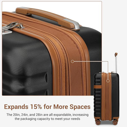 Kono Luggage Set 3 Pieces Expandable PC ABS Durable Suitcase Hardside with Double Spinner Wheels Tsa Lock Black Brown(20in/24in/28in)