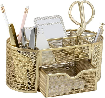 BLU MONACO | Gold Desk Organizer Set with Drawer | Metal Mesh Desk Accessories for Women | Stylish Desktop Organizer for Office Storage, Supplies & Small Stationery